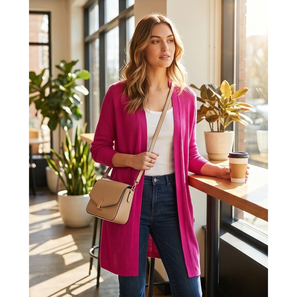 J. Jill XL Open Front Long Cardigan Sweater Rose Wine Pink Linen Blend NWT $99